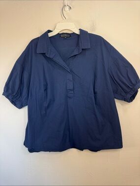 Eloquii Deep Navy Relaxed Polo Button-Front Top Cropped Puffy Sleeves Plus Size